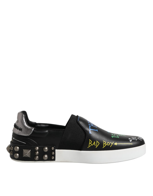 Dolce & Gabbana Black Leather Studded Graffiti Sneakers Shoes