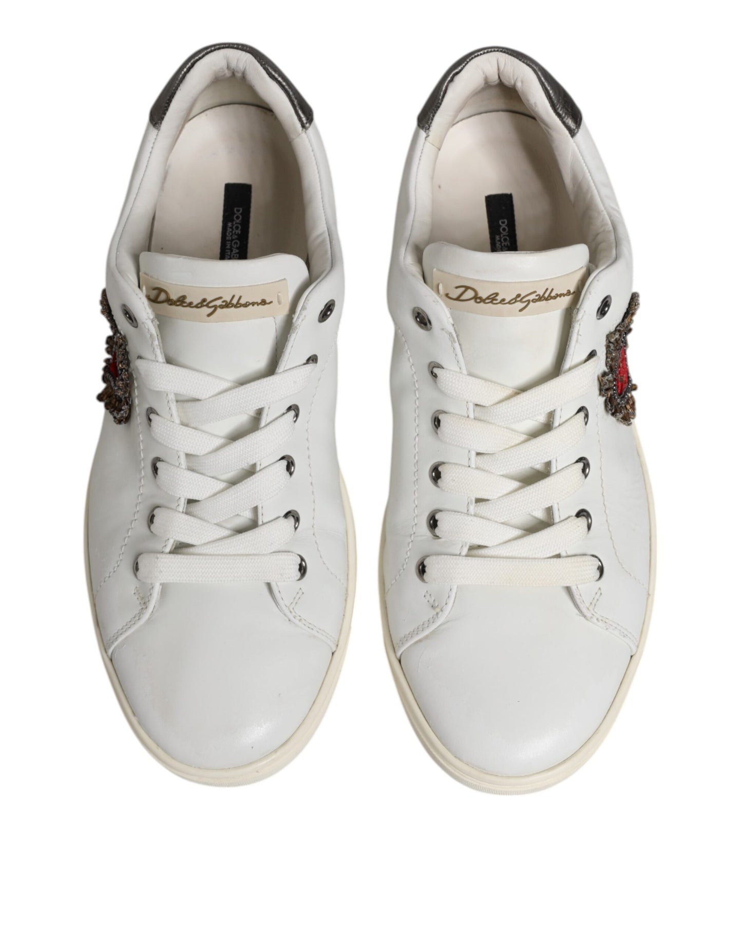 Dolce & Gabbana White Silver Sacred Heart Men Sneakers Shoes