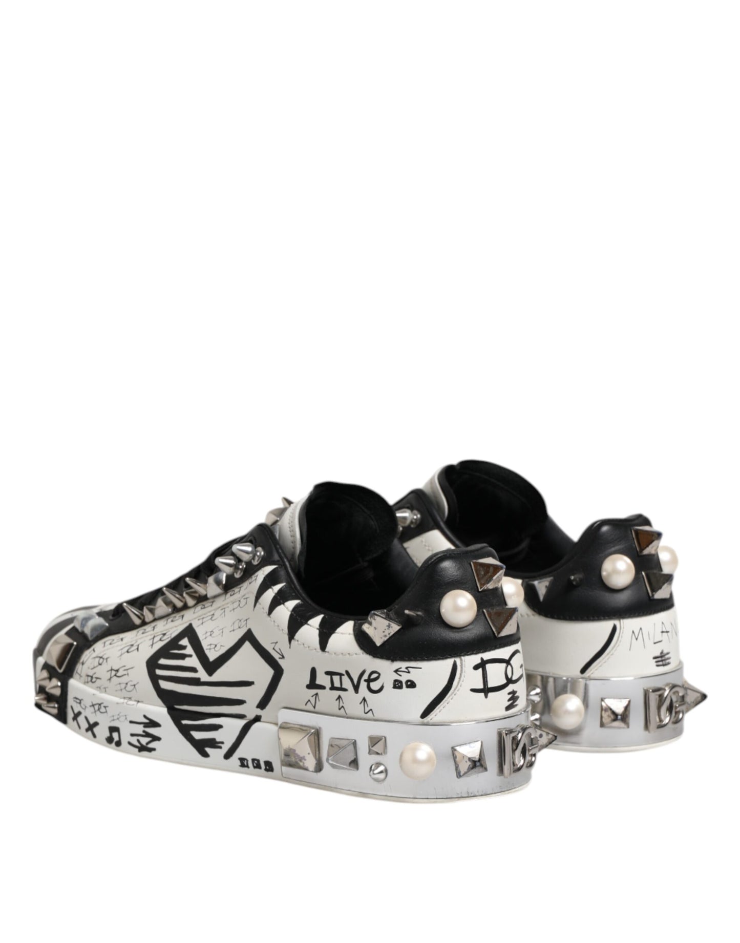 Dolce & Gabbana Black White Studded Low Top Sneakers Shoes